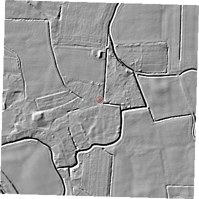 Shaded relief map of the ground around PE202BS, computed from Environment Agency LiDAR. The ground here sits at about 3 m above sea level and falls 5 m across the surrounding 800 m. Surface water reaching this point runs off ground lying to the north, 4.0 m higher.