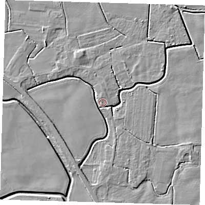 Shaded relief map of the ground around PE202BU, computed from Environment Agency LiDAR. The ground here sits at about 3 m above sea level and falls 5 m across the surrounding 800 m. Surface water reaching this point runs off ground lying to the north-north-west, 4.5 m higher.