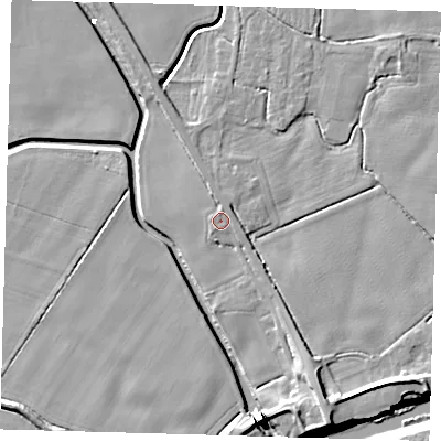 Shaded relief map of the ground around PE202DB, computed from Environment Agency LiDAR. The ground here sits at about 3 m above sea level and falls 8 m across the surrounding 800 m. Surface water reaching this point runs off ground lying to the north, 1.0 m higher.