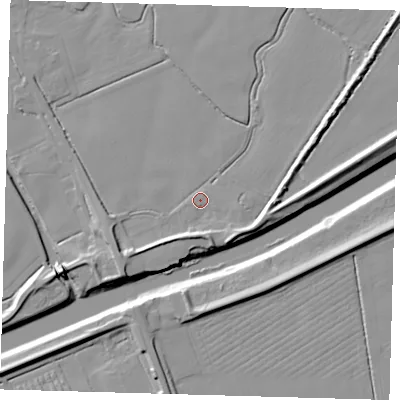 Shaded relief map of the ground around PE202DD, computed from Environment Agency LiDAR. The ground here sits at about 3 m above sea level and falls 9 m across the surrounding 800 m. Surface water reaching this point runs off ground lying to the south, 4.4 m higher.