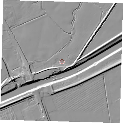 Shaded relief map of the ground around PE202DE, computed from Environment Agency LiDAR. The ground here sits at about 3 m above sea level and falls 9 m across the surrounding 800 m. Surface water reaching this point runs off ground lying to the south-west, 4.4 m higher.