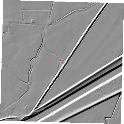 Shaded relief map of the ground around PE202DF, computed from Environment Agency LiDAR. The ground here sits at about 3 m above sea level and falls 9 m across the surrounding 800 m. Surface water reaching this point runs off ground lying to the south-south-west, 4.5 m higher.