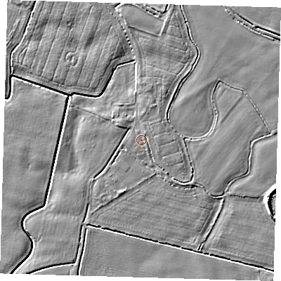 Shaded relief map of the ground around PE202DL, computed from Environment Agency LiDAR. The ground here sits at about 3 m above sea level and falls 6 m across the surrounding 800 m. Surface water reaching this point runs off ground lying to the east-north-east, 0.5 m higher.