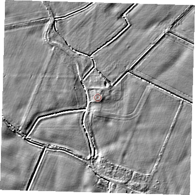 Shaded relief map of the ground around PE202DN, computed from Environment Agency LiDAR. The ground here sits at about 4 m above sea level and falls 3 m across the surrounding 800 m. Surface water reaching this point runs off ground lying to the east-north-east, 0.9 m higher.