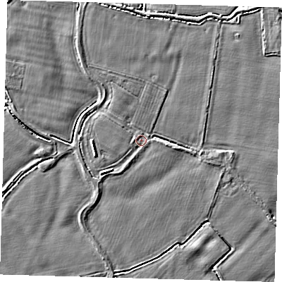 Shaded relief map of the ground around PE202DP, computed from Environment Agency LiDAR. The ground here sits at about 3 m above sea level and falls 5 m across the surrounding 800 m. Surface water reaching this point runs off ground lying to the south-south-west, 0.7 m higher.