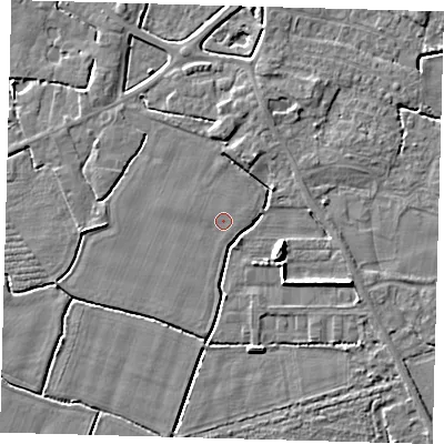 Shaded relief map of the ground around PE202DT, computed from Environment Agency LiDAR. The ground here sits at about 3 m above sea level and falls 6 m across the surrounding 800 m. The ground contributing surface water to this point lies to the east-north-east.