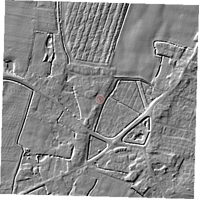 Shaded relief map of the ground around PE202EA, computed from Environment Agency LiDAR. The ground here sits at about 3 m above sea level and falls 4 m across the surrounding 800 m. Surface water reaching this point runs off ground lying to the south-south-east, 3.2 m higher.