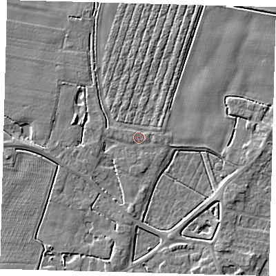 Shaded relief map of the ground around PE202EB, computed from Environment Agency LiDAR. The ground here sits at about 3 m above sea level and falls 4 m across the surrounding 800 m. Surface water reaching this point runs off ground lying to the south, 1.9 m higher.