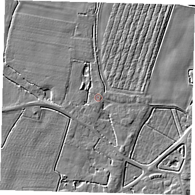 Shaded relief map of the ground around PE202ED, computed from Environment Agency LiDAR. The ground here sits at about 3 m above sea level and falls 4 m across the surrounding 800 m. Surface water reaching this point runs off ground lying to the south-south-west, 1.4 m higher.