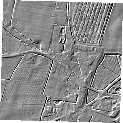 Shaded relief map of the ground around PE202EE, computed from Environment Agency LiDAR. The ground here sits at about 3 m above sea level and falls 4 m across the surrounding 800 m. The ground contributing surface water to this point lies to the south-west.