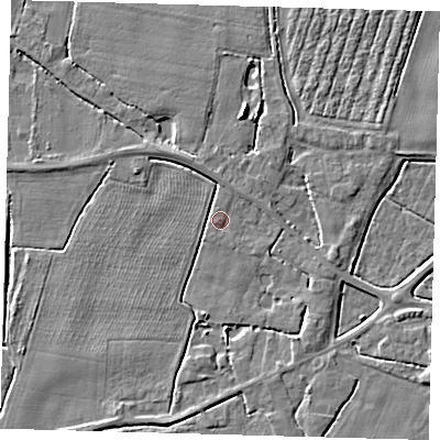 Shaded relief map of the ground around PE202EF, computed from Environment Agency LiDAR. The ground here sits at about 3 m above sea level and falls 4 m across the surrounding 800 m. Surface water reaching this point runs off ground lying to the north-north-west, 2.0 m higher.