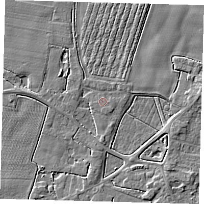 Shaded relief map of the ground around PE202EG, computed from Environment Agency LiDAR. The ground here sits at about 3 m above sea level and falls 4 m across the surrounding 800 m. The ground contributing surface water to this point lies to the south-east.