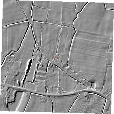 Shaded relief map of the ground around PE202EH, computed from Environment Agency LiDAR. The ground here sits at about 3 m above sea level and falls 4 m across the surrounding 800 m. Surface water reaching this point runs off ground lying to the west-south-west, 2.3 m higher.