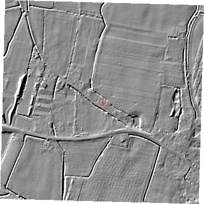 Shaded relief map of the ground around PE202EQ, computed from Environment Agency LiDAR. The ground here sits at about 3 m above sea level and falls 4 m across the surrounding 800 m. Surface water reaching this point runs off ground lying to the south-east, 2.1 m higher.