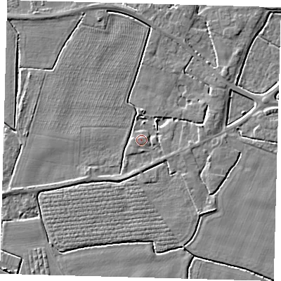 Shaded relief map of the ground around PE202ES, computed from Environment Agency LiDAR. The ground here sits at about 3 m above sea level and falls 3 m across the surrounding 800 m. Surface water reaching this point runs off ground lying to the east-north-east, 2.3 m higher.