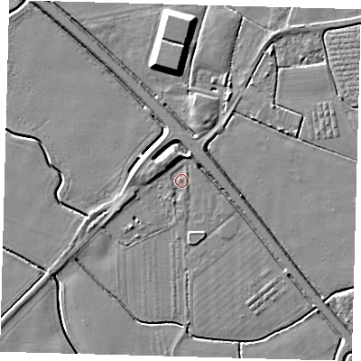 Shaded relief map of the ground around PE202EW, computed from Environment Agency LiDAR. The ground here sits at about 4 m above sea level and falls 8 m across the surrounding 800 m. Surface water reaching this point runs off ground lying to the north-north-west, 2.8 m higher.