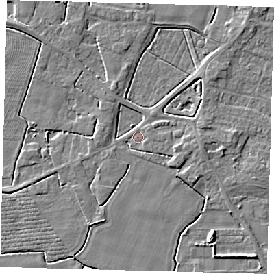 Shaded relief map of the ground around PE202EX, computed from Environment Agency LiDAR. The ground here sits at about 3 m above sea level and falls 6 m across the surrounding 800 m. Surface water reaching this point runs off ground lying to the east-south-east, 2.4 m higher.