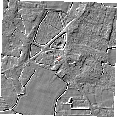 Shaded relief map of the ground around PE202EY, computed from Environment Agency LiDAR. The ground here sits at about 4 m above sea level and falls 6 m across the surrounding 800 m. Surface water reaching this point runs off ground lying to the east-south-east, 1.4 m higher.