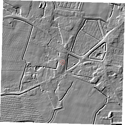 Shaded relief map of the ground around PE202EZ, computed from Environment Agency LiDAR. The ground here sits at about 3 m above sea level and falls 6 m across the surrounding 800 m. Surface water reaching this point runs off ground lying to the east-south-east, 2.9 m higher.