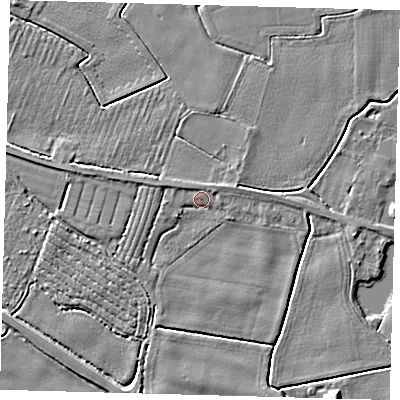 Shaded relief map of the ground around PE202FB, computed from Environment Agency LiDAR. The ground here sits at about 3 m above sea level and falls 5 m across the surrounding 800 m. Surface water reaching this point runs off ground lying to the west-north-west, 1.4 m higher.