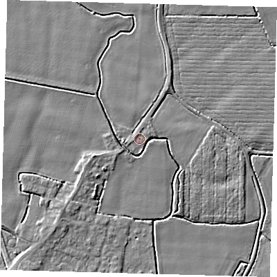 Shaded relief map of the ground around PE202HF, computed from Environment Agency LiDAR. The ground here sits at about 3 m above sea level and falls 4 m across the surrounding 800 m. Surface water reaching this point runs off ground lying to the south, 1.1 m higher.