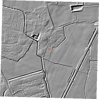 Shaded relief map of the ground around PE202HH, computed from Environment Agency LiDAR. The ground here sits at about 3 m above sea level and falls 5 m across the surrounding 800 m. Surface water reaching this point runs off ground lying to the south, 1.5 m higher.