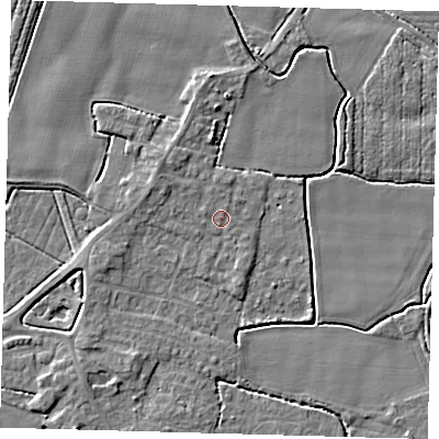 Shaded relief map of the ground around PE202HJ, computed from Environment Agency LiDAR. The ground here sits at about 3 m above sea level and falls 4 m across the surrounding 800 m. Surface water reaching this point runs off ground lying to the north-west, 1.4 m higher.