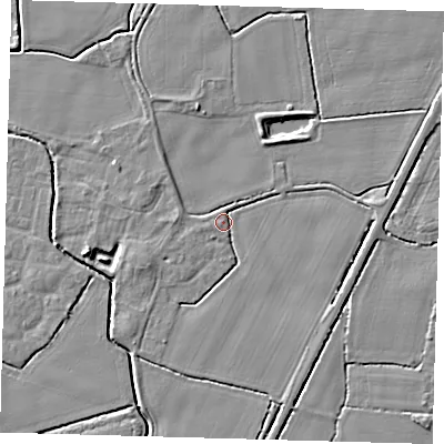 Shaded relief map of the ground around PE202HQ, computed from Environment Agency LiDAR. The ground here sits at about 3 m above sea level and falls 5 m across the surrounding 800 m. Surface water reaching this point runs off ground lying to the west-south-west, 2.7 m higher.