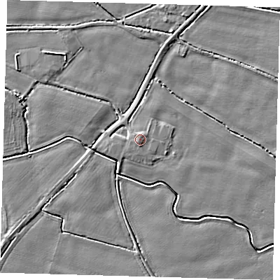 Shaded relief map of the ground around PE202HT, computed from Environment Agency LiDAR. The ground here sits at about 4 m above sea level and falls 4 m across the surrounding 800 m. Surface water reaching this point runs off ground lying to the south-west, 0.8 m higher.