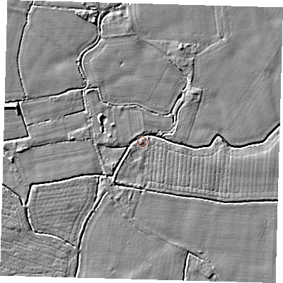 Shaded relief map of the ground around PE202HW, computed from Environment Agency LiDAR. The ground here sits at about 3 m above sea level and falls 6 m across the surrounding 800 m. Surface water reaching this point runs off ground lying to the west, 3.3 m higher.