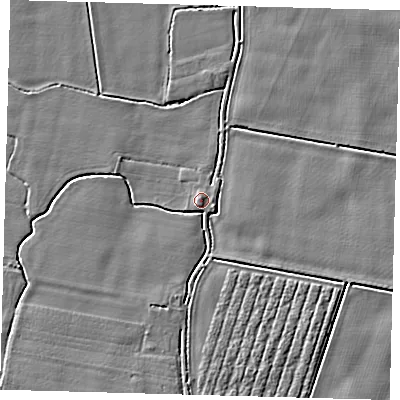 Shaded relief map of the ground around PE202HY, computed from Environment Agency LiDAR. The ground here sits at about 4 m above sea level and falls 3 m across the surrounding 800 m. Surface water reaching this point runs off ground lying to the north, 1.1 m higher.