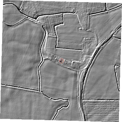 Shaded relief map of the ground around PE202HZ, computed from Environment Agency LiDAR. The ground here sits at about 3 m above sea level and falls 3 m across the surrounding 800 m. Surface water reaching this point runs off ground lying to the east-south-east, 1.4 m higher.