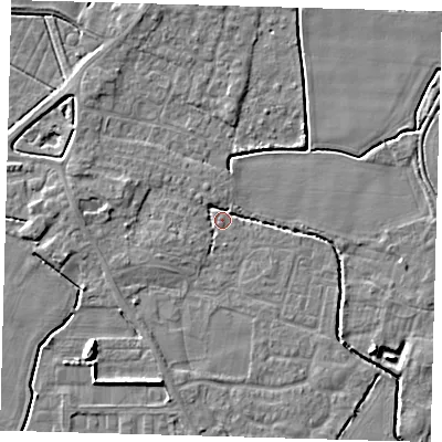 Shaded relief map of the ground around PE202JE, computed from Environment Agency LiDAR. The ground here sits at about 3 m above sea level and falls 6 m across the surrounding 800 m. Surface water reaching this point runs off ground lying to the west, 3.6 m higher.