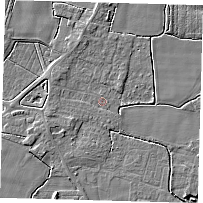 Shaded relief map of the ground around PE202JF, computed from Environment Agency LiDAR. The ground here sits at about 3 m above sea level and falls 6 m across the surrounding 800 m. Surface water reaching this point runs off ground lying to the north, 2.2 m higher.
