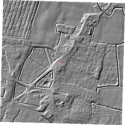 Shaded relief map of the ground around PE202JG, computed from Environment Agency LiDAR. The ground here sits at about 3 m above sea level and falls 4 m across the surrounding 800 m. Surface water reaching this point runs off ground lying to the north-north-east, 0.5 m higher.