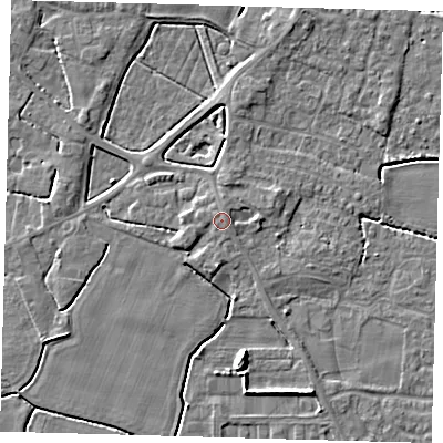 Shaded relief map of the ground around PE202JH, computed from Environment Agency LiDAR. The ground here sits at about 4 m above sea level and falls 6 m across the surrounding 800 m. Surface water reaching this point runs off ground lying to the east-south-east, 1.5 m higher.