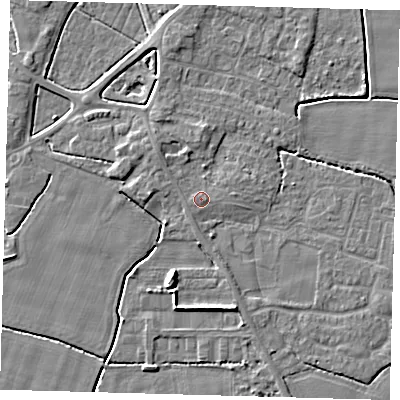 Shaded relief map of the ground around PE202JJ, computed from Environment Agency LiDAR. The ground here sits at about 4 m above sea level and falls 6 m across the surrounding 800 m. Surface water reaching this point runs off ground lying to the west-north-west, 0.5 m higher.