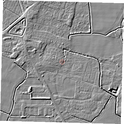 Shaded relief map of the ground around PE202JN, computed from Environment Agency LiDAR. The ground here sits at about 3 m above sea level and falls 6 m across the surrounding 800 m. Surface water reaching this point runs off ground lying to the west, 1.4 m higher.