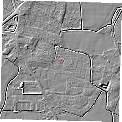 Shaded relief map of the ground around PE202JP, computed from Environment Agency LiDAR. The ground here sits at about 3 m above sea level and falls 6 m across the surrounding 800 m. Surface water reaching this point runs off ground lying to the west, 1.8 m higher.