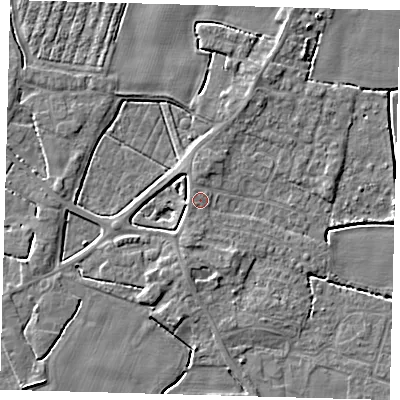 Shaded relief map of the ground around PE202JQ, computed from Environment Agency LiDAR. The ground here sits at about 3 m above sea level and falls 4 m across the surrounding 800 m. Surface water reaching this point runs off ground lying to the south-south-west, 0.8 m higher.
