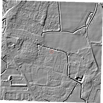 Shaded relief map of the ground around PE202JR, computed from Environment Agency LiDAR. The ground here sits at about 3 m above sea level and falls 6 m across the surrounding 800 m. Surface water reaching this point runs off ground lying to the south-east, 4.1 m higher.