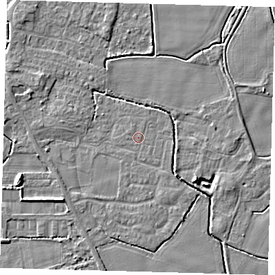 Shaded relief map of the ground around PE202JU, computed from Environment Agency LiDAR. The ground here sits at about 3 m above sea level and falls 6 m across the surrounding 800 m. Surface water reaching this point runs off ground lying to the south-south-east, 1.0 m higher.