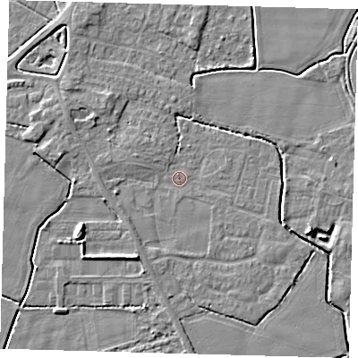 Shaded relief map of the ground around PE202JW, computed from Environment Agency LiDAR. The ground here sits at about 3 m above sea level and falls 6 m across the surrounding 800 m. Surface water reaching this point runs off ground lying to the west-north-west, 1.4 m higher.