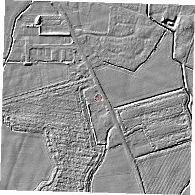 Shaded relief map of the ground around PE202JX, computed from Environment Agency LiDAR. The ground here sits at about 3 m above sea level and falls 7 m across the surrounding 800 m. Surface water reaching this point runs off ground lying to the north, 0.9 m higher.