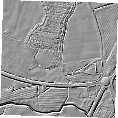 Shaded relief map of the ground around PE202JY, computed from Environment Agency LiDAR. The ground here sits at about 3 m above sea level and falls 6 m across the surrounding 800 m. Surface water reaching this point runs off ground lying to the south-south-east, 1.5 m higher.