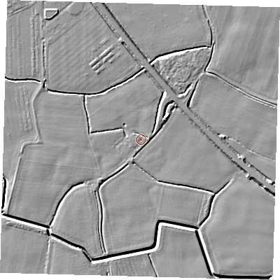 Shaded relief map of the ground around PE202LA, computed from Environment Agency LiDAR. The ground here sits at about 3 m above sea level and falls 5 m across the surrounding 800 m. Surface water reaching this point runs off ground lying to the east-north-east, 1.2 m higher.
