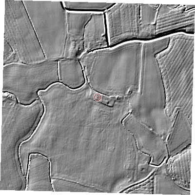Shaded relief map of the ground around PE202LB, computed from Environment Agency LiDAR. The ground here sits at about 4 m above sea level and falls 4 m across the surrounding 800 m. Surface water reaching this point runs off ground lying to the south-east, 1.5 m higher.