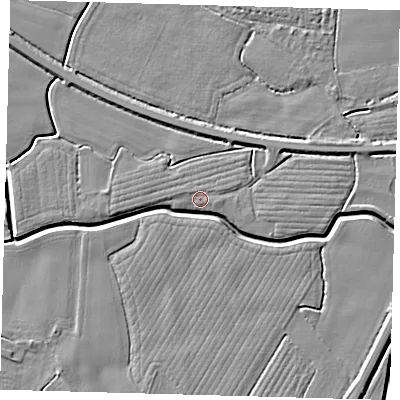 Shaded relief map of the ground around PE202LD, computed from Environment Agency LiDAR. The ground here sits at about 3 m above sea level and falls 4 m across the surrounding 800 m. Surface water reaching this point runs off ground lying to the west-north-west, 1.1 m higher.