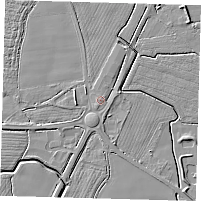 Shaded relief map of the ground around PE202LF, computed from Environment Agency LiDAR. The ground here sits at about 4 m above sea level and falls 7 m across the surrounding 800 m. Surface water reaching this point runs off ground lying to the south-south-west, 1.5 m higher.
