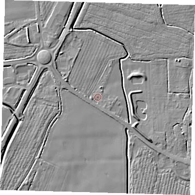 Shaded relief map of the ground around PE202LG, computed from Environment Agency LiDAR. The ground here sits at about 3 m above sea level and falls 6 m across the surrounding 800 m. Surface water reaching this point runs off ground lying to the west-south-west, 0.9 m higher.